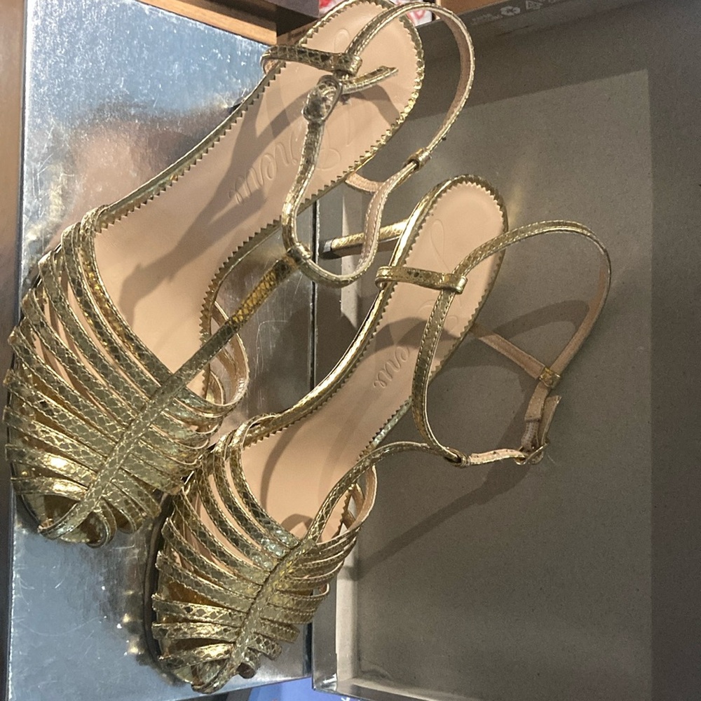 JCrew Collection Never worn Metallic Gold leather Strappy 3 3/4” sandal/ heel